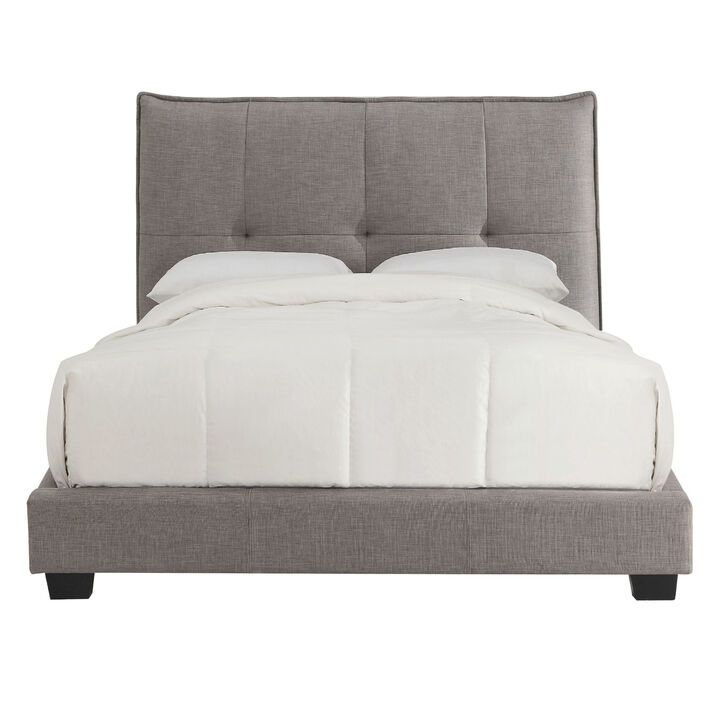 Amy Low Profile Queen Bed, Tufted Linen, Knife Edges, Gray