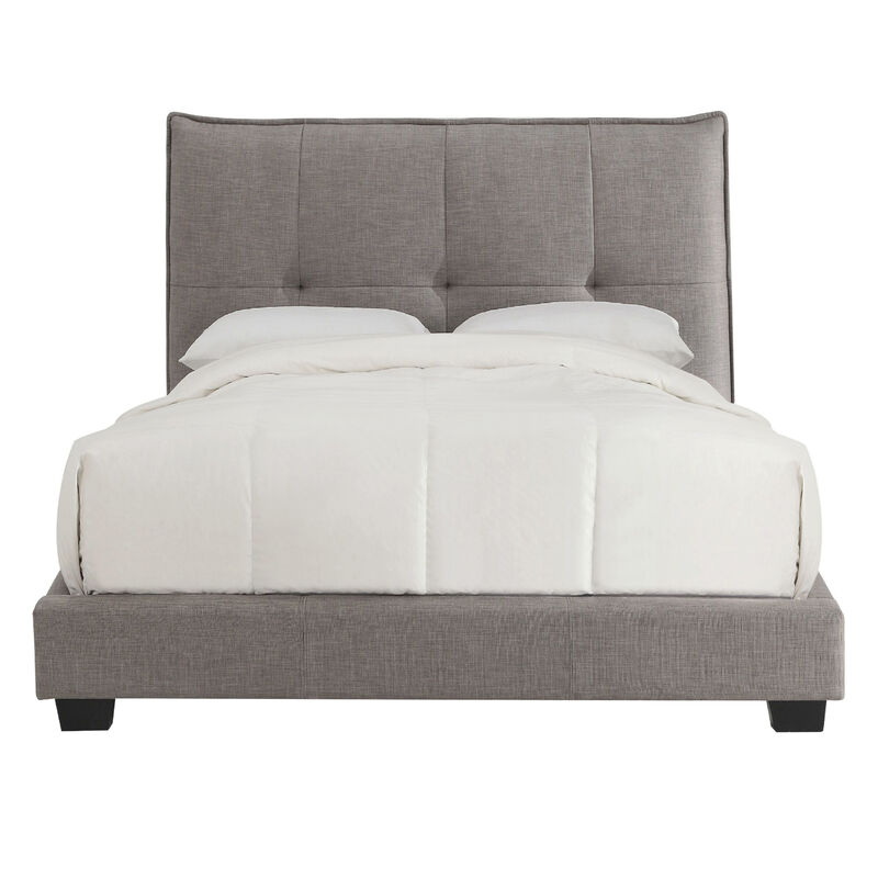 Amy Low Profile Queen Bed, Tufted Linen, Knife Edges, Gray