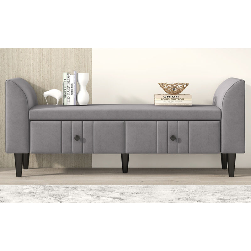 Upholstered Wooden Storage Ottoman Bench with 2 Drawers For Bedroom, Fully Assembled Except Legs and Handles, Gray