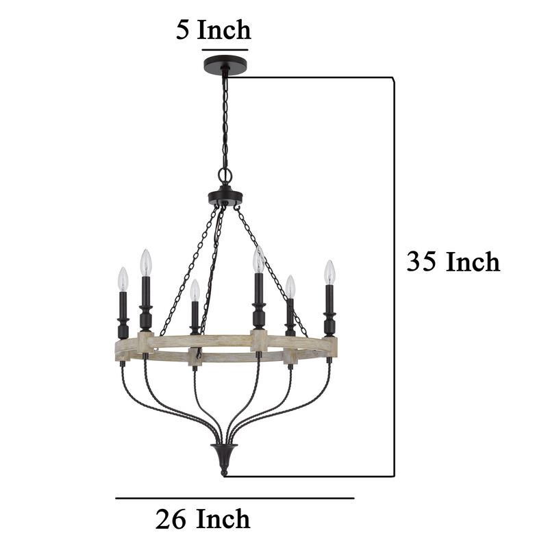 Omy 26 Inch Chandelier, Distressed Wood Wheel Candelabra Design, Black - Benzara