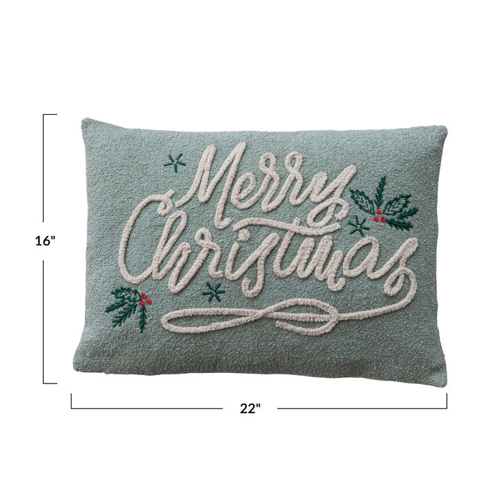 Artisan Embroidered Merry Christmas Lumbar Pillow, Green & Natural