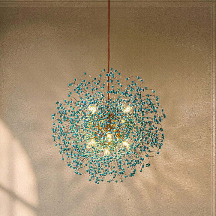 20'' Antique Gold Modern Eclectic Starburst Chandelier with Turquoise Beads Accents for Dining Room Entryway