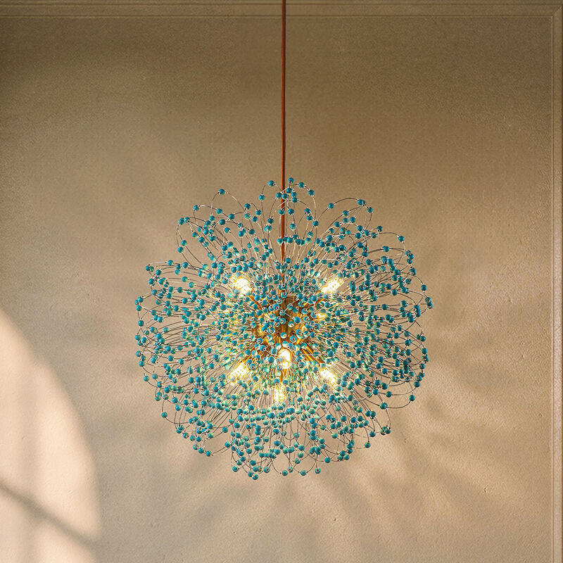 20'' Antique Gold Modern Eclectic Starburst Chandelier with Turquoise Beads Accents for Dining Room Entryway image number 1