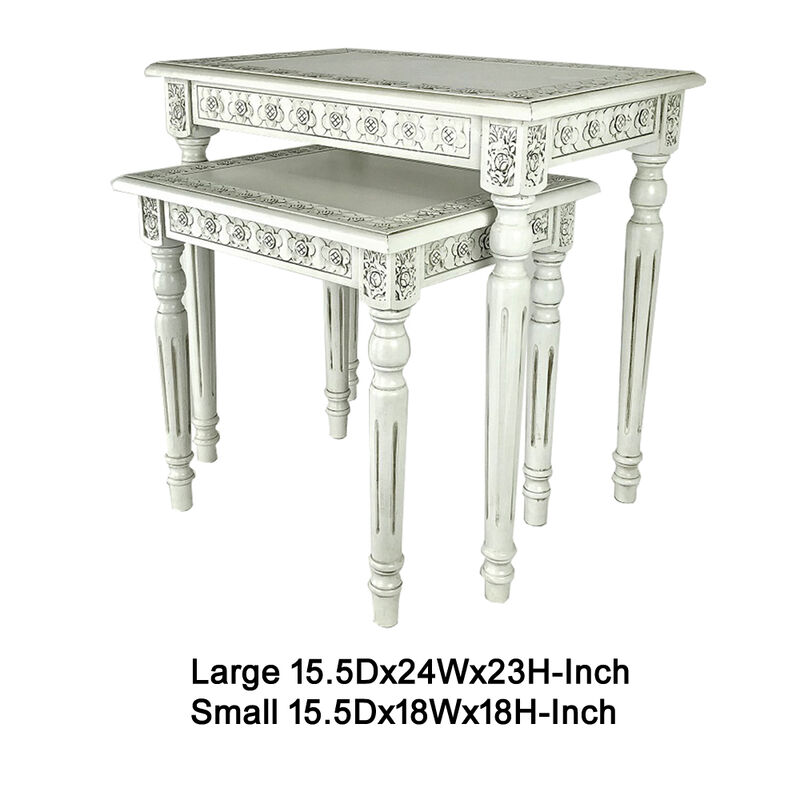 Elegantly Engraved Wooden Frame Nesting Table, Set of 2, Antique White