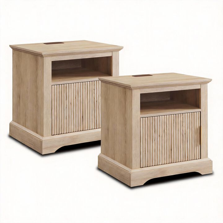 Fluted Wood Nightstand with USB & AC Charging, 22" Wide Side Table, Open Shelf