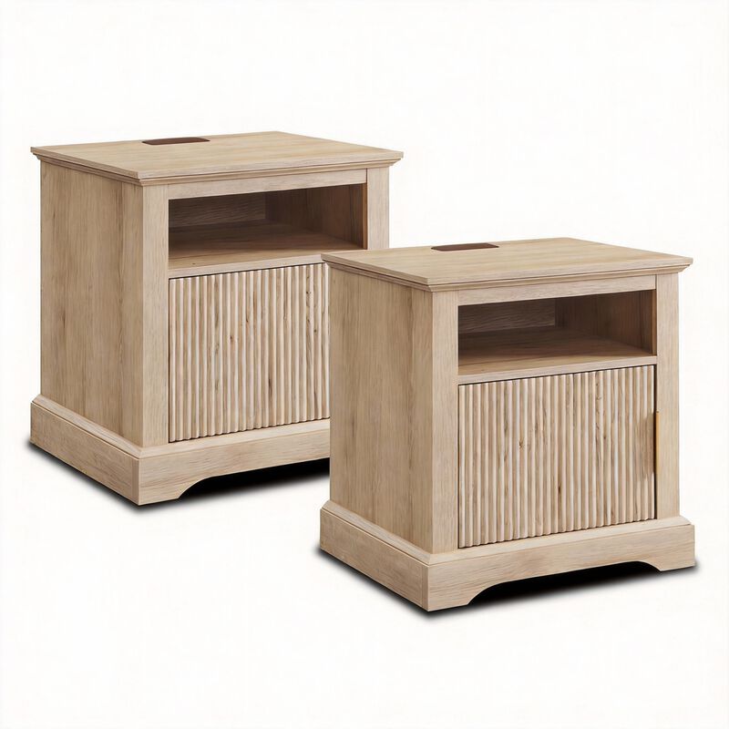 Fluted Wood Nightstand with USB & AC Charging, 22" Wide Side Table, Open Shelf