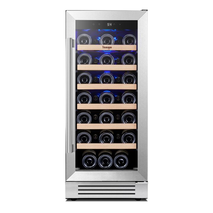 15 inch Wine Cooler Refrigerator with 33-Bottle Built-In/Freestanding for Home Bar，Stainless Steel