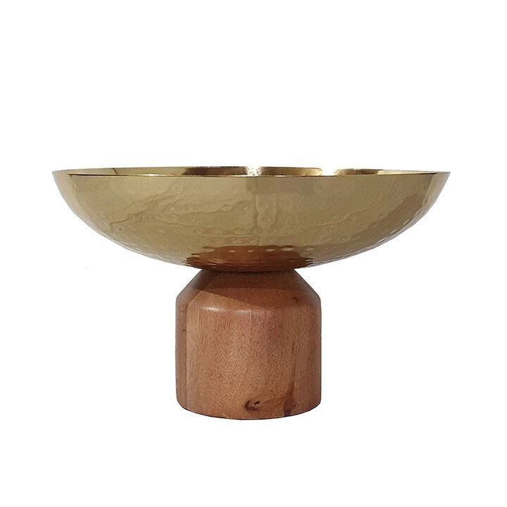 Roe 12 Inch Large Acacia Wood Table Bowl, Steel, Decorative, Gold and Brown - Benzara