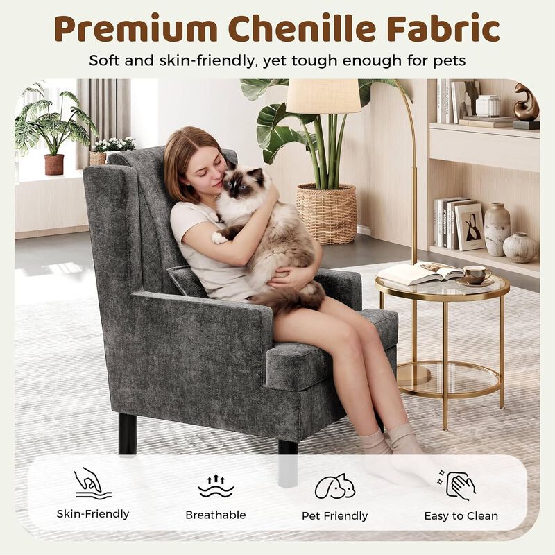 Upholstered Wingback Accent Chair, Modern Reading Armchair for Living Room, Bedroom, Grey image number 4