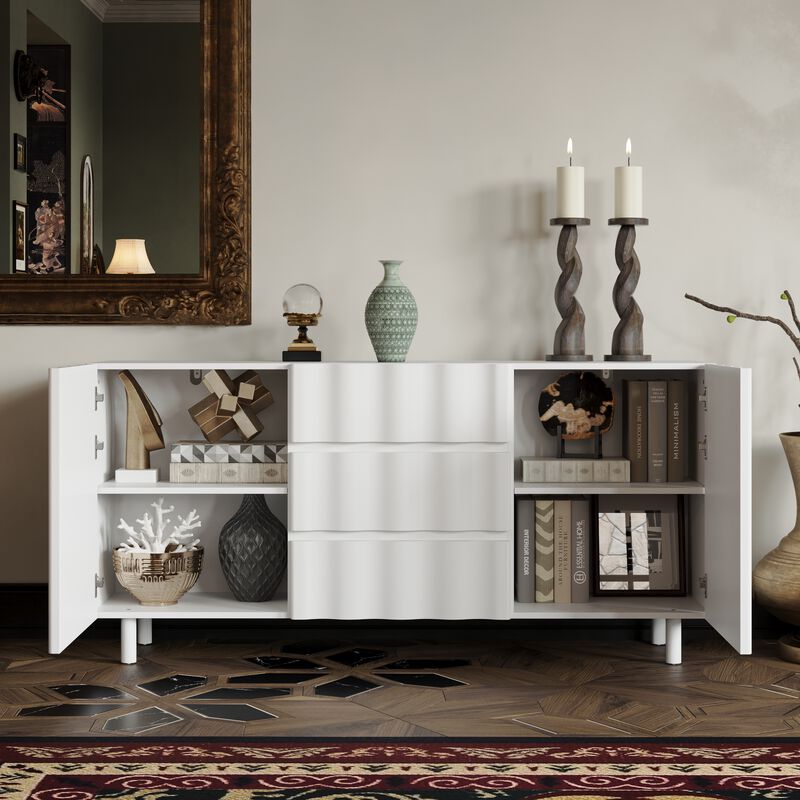 FUFU&GAGA Pure White Storage Cabinet with Doors and Drawers, Handleless Design, Vertical Wave Texture, Painted Craftsmanship, Ultra-Thick Shaped Fronts, (61 in. W x 15.8 in. D x 29.5 in. H), White