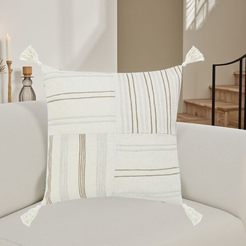 Pini Throw Pillow, Boho Design Stripe Pattern, 22 Inch Beige Linen - Benzara