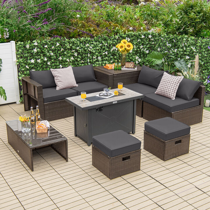 9-Piece Outdoor Patio Furniture Set with Cushions & Propane Fire Pit Table for Garden or Backyard