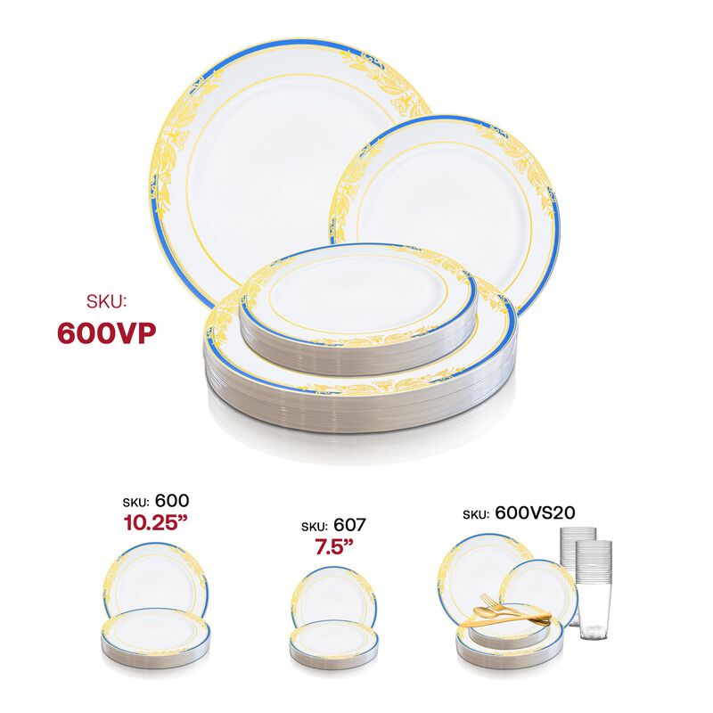 White with Blue and Gold Harmony Rim Plastic Dinnerware Value Set (40 Sets) image number 6