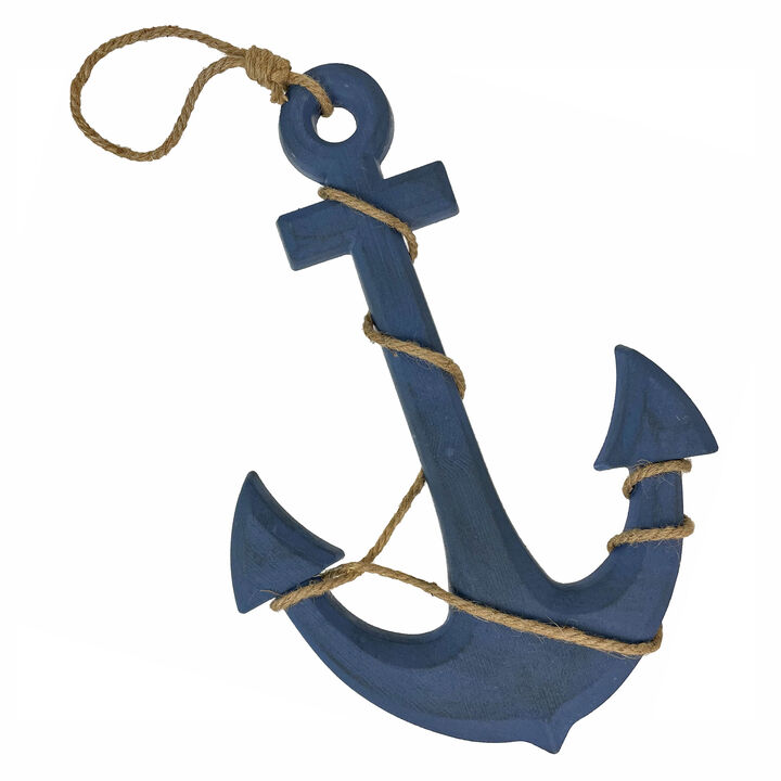 Large 24"x16" Ship Anchor & Rope Wall Hanging - Hand-Painted Blue Finis