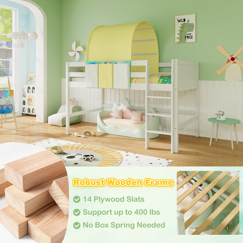 Loft Bed Playhouse Bed Frame with Tower Tent and 3 Storage Pockets