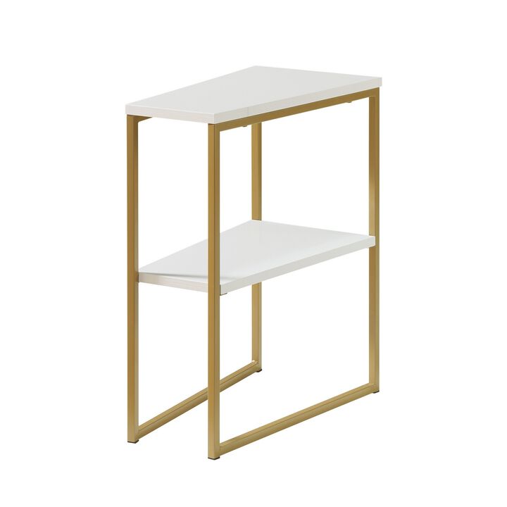 Bery 24 Inch Chairside Table, 2 Shelves, Gold Metal Frame, White Finish - Benzara