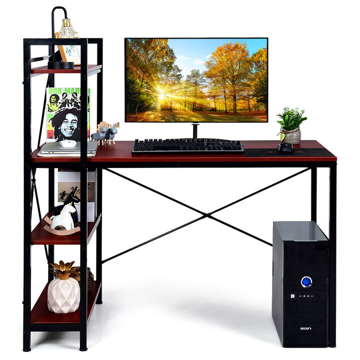 Costway 47.5'' Compact Computer Desk With 4-Tier Storage Bookshelves for Home Office Brown