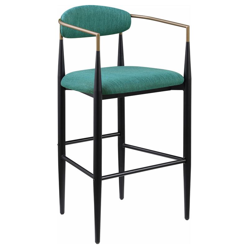 Tiara Bar Chair Set of 2, Teal Green Fabric, Gold, Black Metal 30 Inch - Benzara
