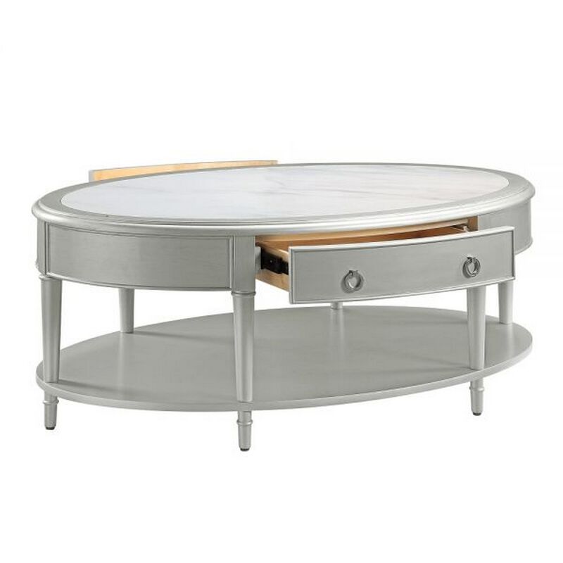 Kyna 50 Inch Coffee Table, Sintered Top, 1 Drawer, Classic Oval, Silver image number 2