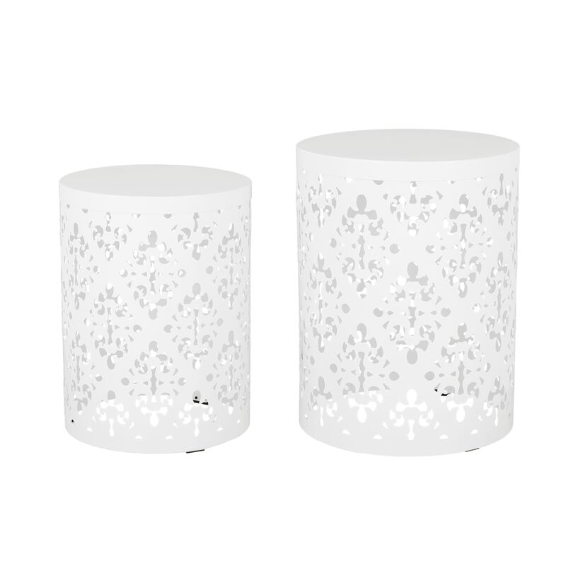 Kemo Outdoor End Table Set of 2, Round Top, Cutout Design, White Iron - Benzara image number 0