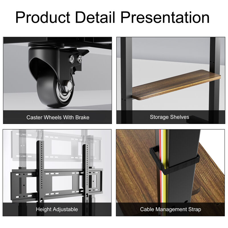 Rolling TV Floor Stand w/ MDF Shelves Height Adjustable TV Cart Mount image number 6