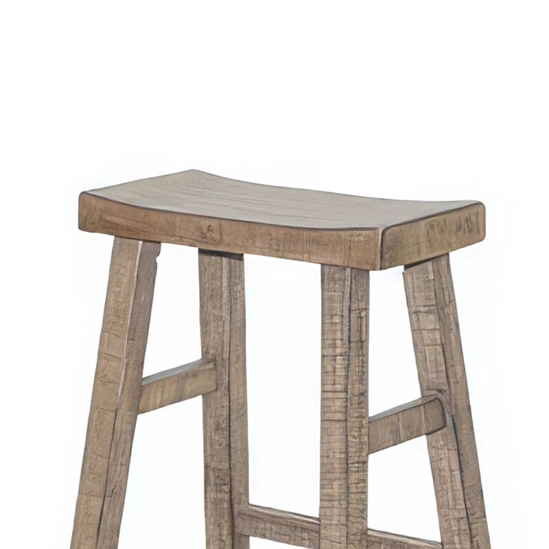 Rena Barstool Set of 2, Saddle Style Seat, Light Brown Mahogany Wood - Benzara