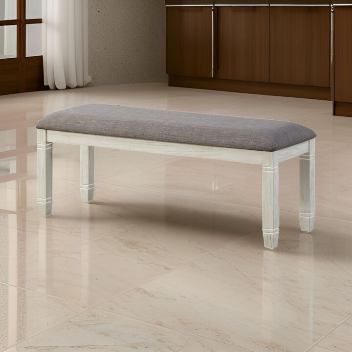 Fabric Upholstered Padded Bench with Tapered Feet, Antique White and Gray