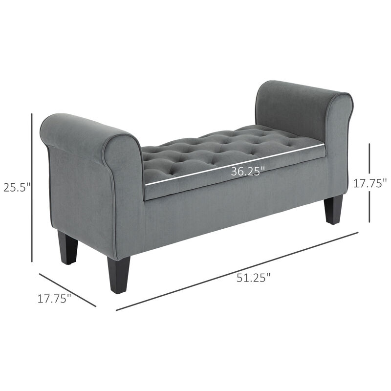 HOMCOM Button-Tufted Storage Ottoman Bench, Upholstered Bench with Rolled Armrests for Living Room or Hallway, Gray