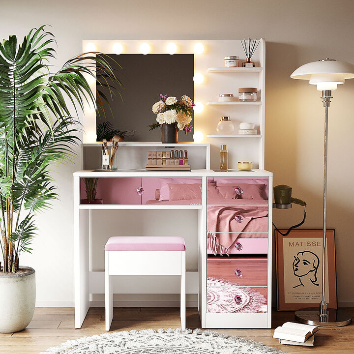 Whisen 37" Vanity Set with 11 Bulbs & 6 Drawers, Glass Top, USB Charging, MDF Dressing Table for Bedroom