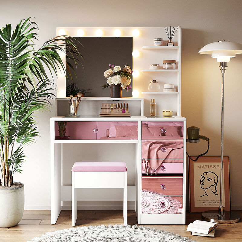 Whisen 37" Vanity Set with 11 Bulbs & 6 Drawers, Glass Top, USB Charging, MDF Dressing Table for Bedroom image number 1