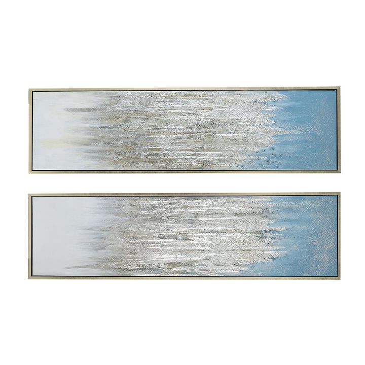 Dimy 20 x 71 Set of 2 Wall Art, Hand Painted Dahlia, Blue Silver Ombre - Benzara