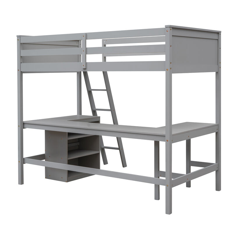 Whisen Twin Size Wooden Loft Bed with Desk and Shelves