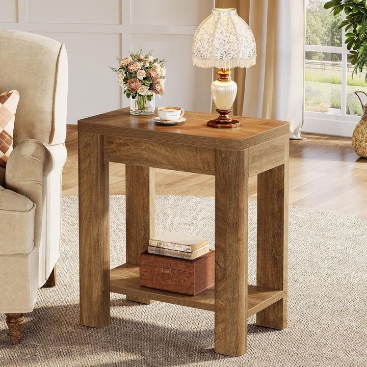 Wooden Farmhouse Side Table with Storage Shelf, End Table for Bedroom