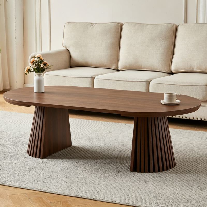 Extendable coffee table MDF oval coffee table with slatted legs Space saving coffee table for living room and home office image number 3