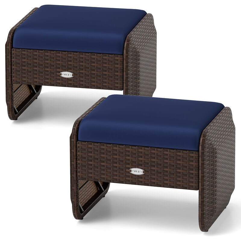 Wicker Ottoman Set of 2 for Outdoor Use with Removable Cushions