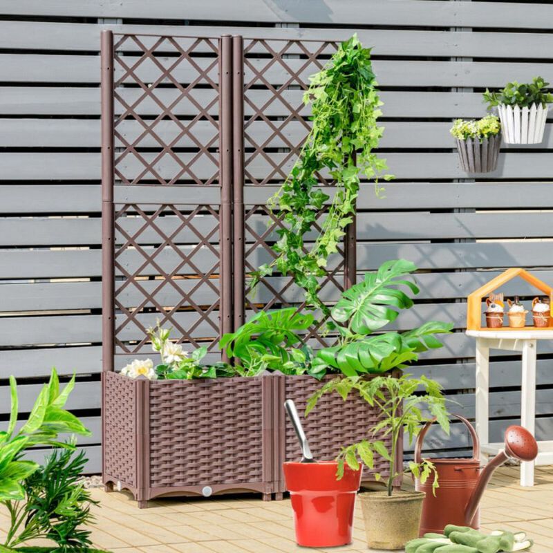 Hivvago PE Rattan Raised Garden Bed with Trellis Planter Box for Climbing Plants