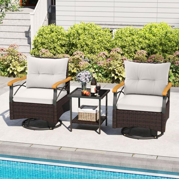 Hivvago 3 Piece Outdoor Swivel Chair Set with Tempered Glass Side Table