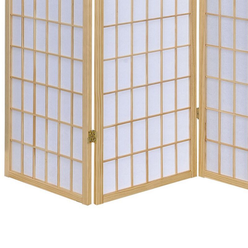 3 Panel Foldable Wooden Frame Room Divider with Grid Design, Brown-Benzara