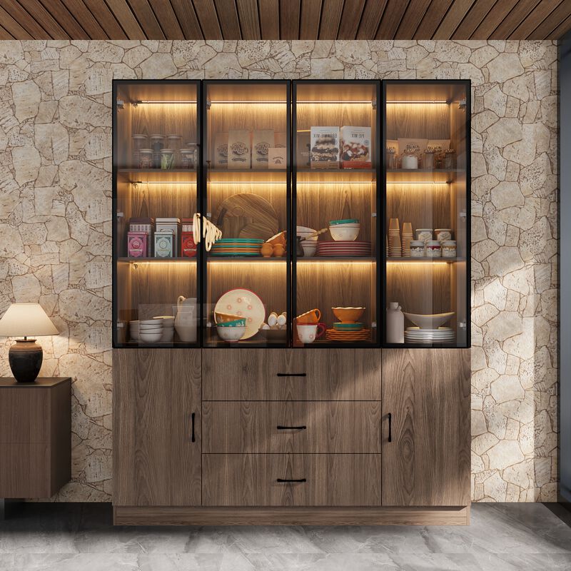 Brown Wood 63 in. W Display Cabinet With Pop up Tempered Glass Doors, 3-Color LED Lights, Drawers, Adjustable Shelves