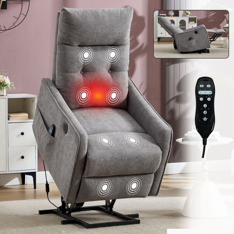 Chenille Single Motor Power Lift Recliner Chair with Heat Massage and USB Charging for Elderly