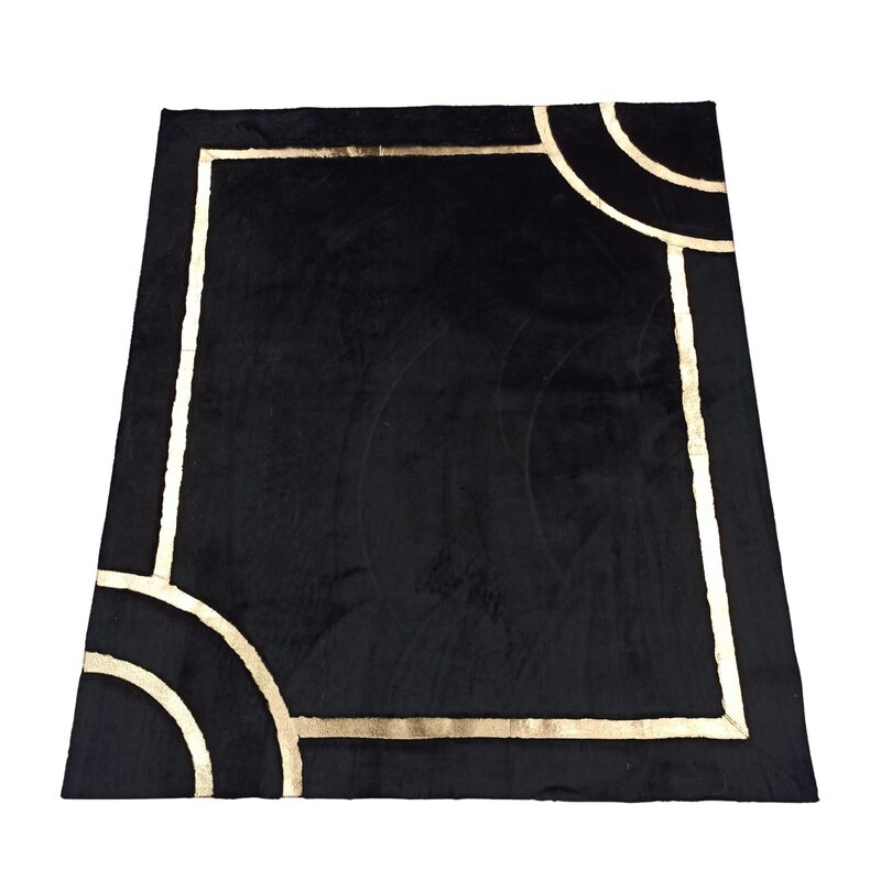 Black Geometric Gold Border Plush Rug image number 0