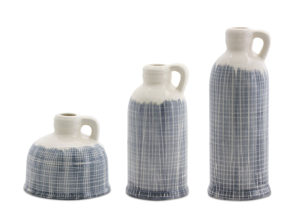 HomeRoots Set of Three Off White And Blue Clay Checkered Jug Vases