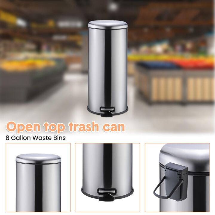 30L / 8 Gallon Round Stainless Steel Trash Can, Step-On Pedal, Soft Close Lid, Removable Inner Bucket, Suitable for Kitchen, Office, Bathroom