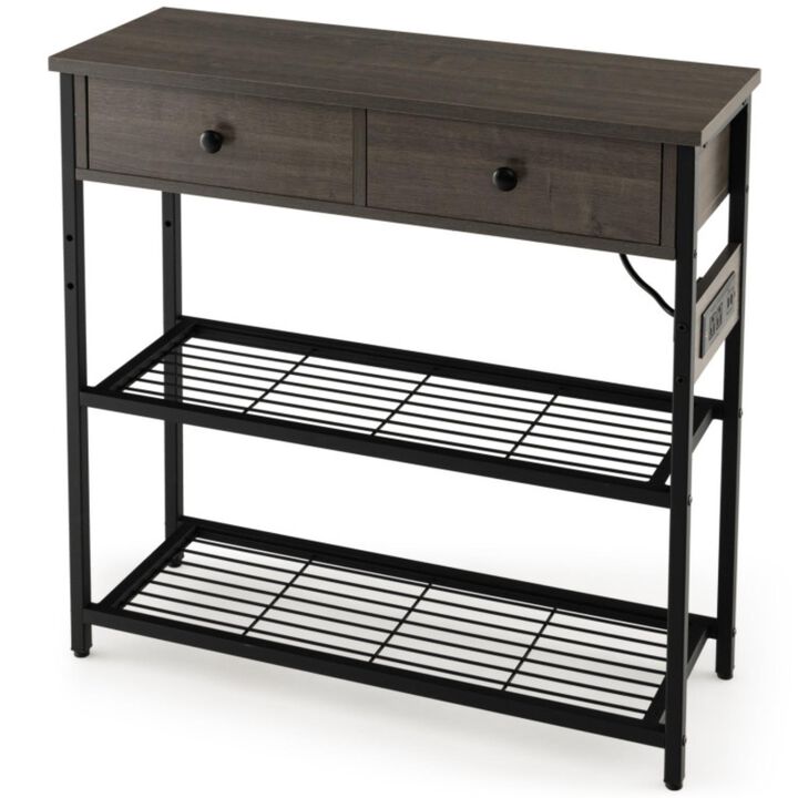 Hivvago Narrow Console Table with 2 Drawers and 2 Metal Mesh Shelves