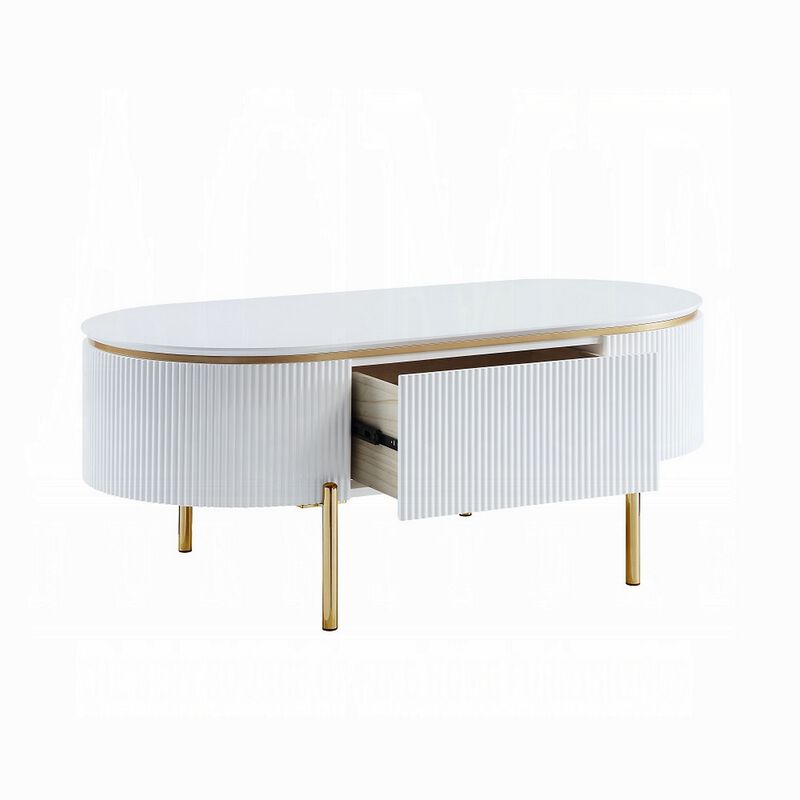Tyce Oval Coffee Table with Drawer, 47 Inch, Glossy White, Gold Metal
