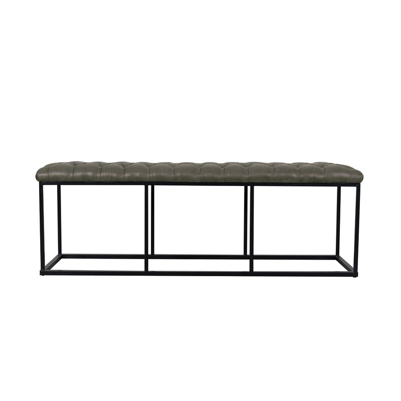 Ali Bench, Open Metal Frame, Gray Tufted Faux Leather 52 Inch - Benzara