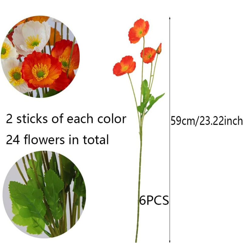 6 Piece Artificial Poppy Flower Stems Wedding Centerpiece Decor image number 2