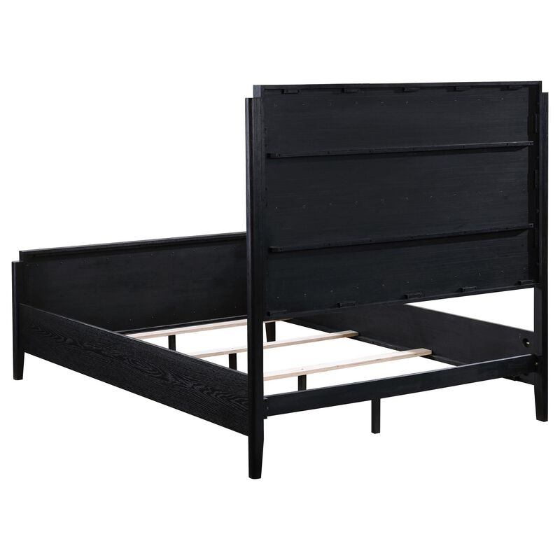 Jack Queen Size Bed, Channel Tufted Ivory Upholstery, Black Wood - Benzara