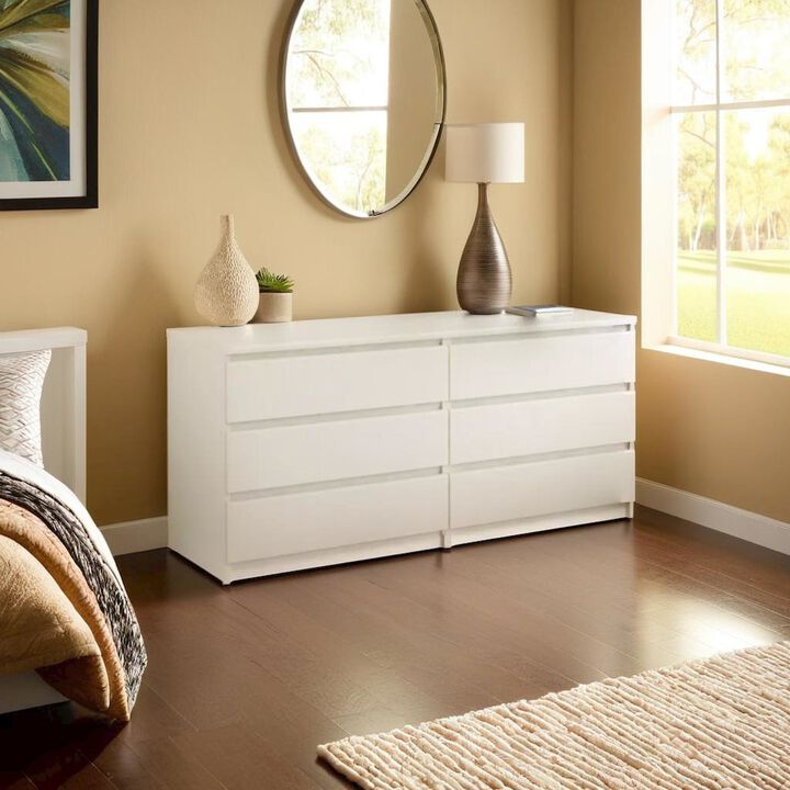 FurniFact Stylish 6 Drawer Double Dresser Featuring Elegant White Wood Grain Finish