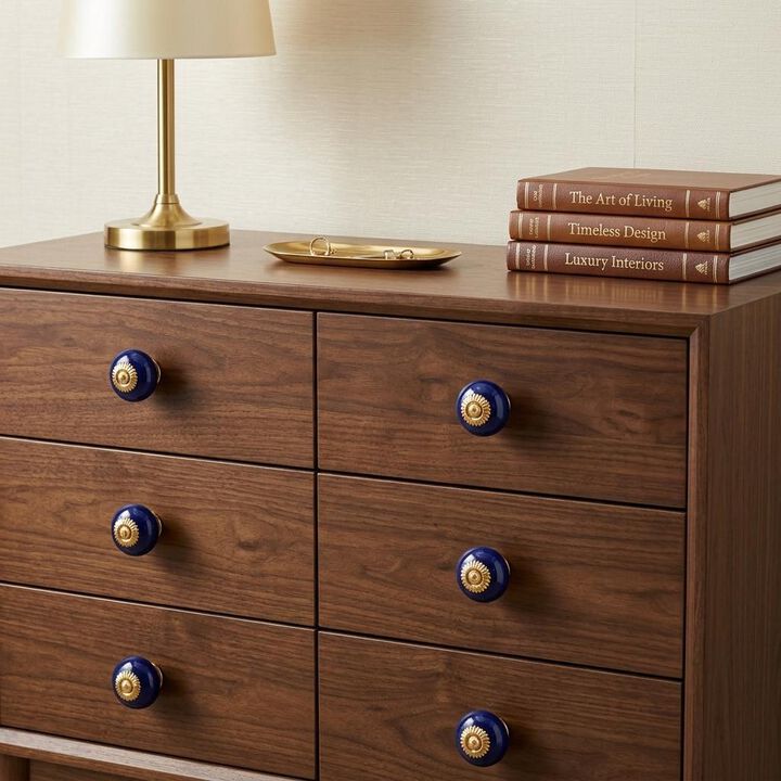 HomeRoots Set of Six Cobalt And Gold Ceramic Drawer Pull Knobs